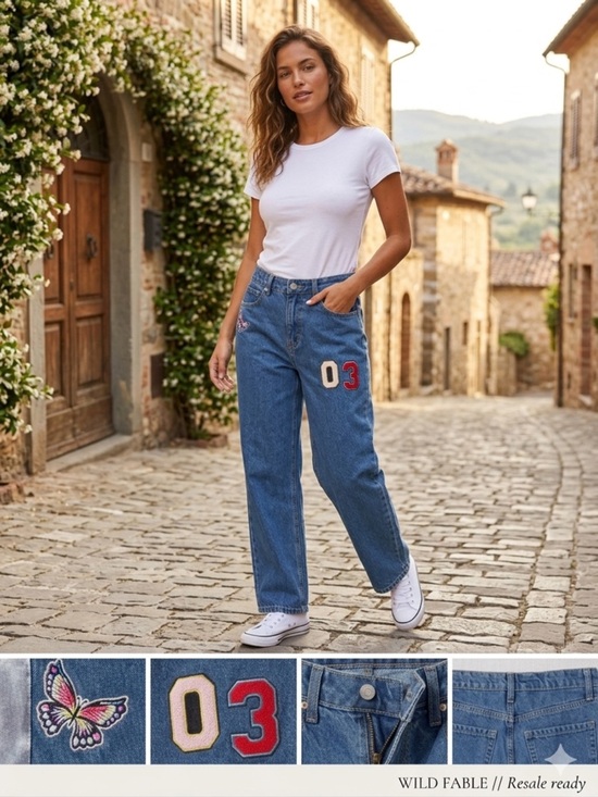 wild fable Denim - wild fable Blue Embroidered Patchwork Boyfriend Jeans